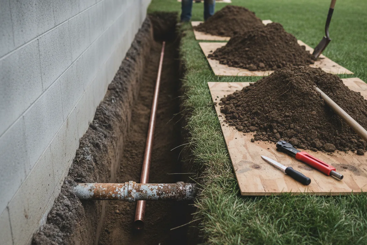 Excavated water line trench during Sewer Line Repair in Carencro